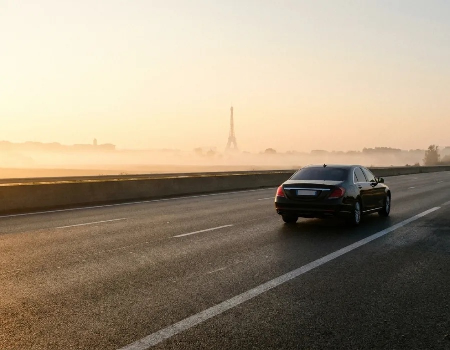 Autoroute A11 vers Paris au lever du soleil avec berline noire