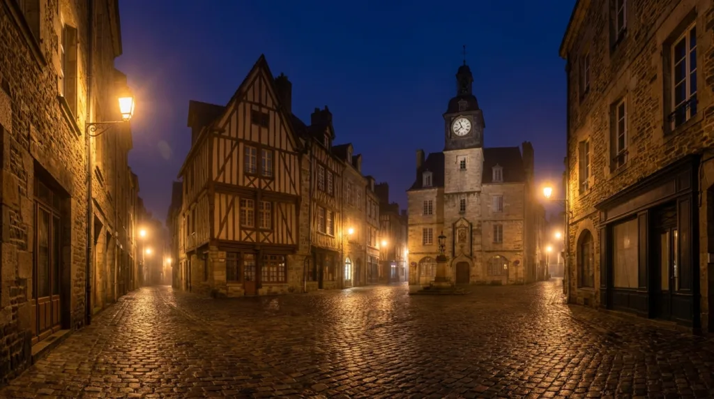 Centre-ville du Mans la nuit lumières chaudes