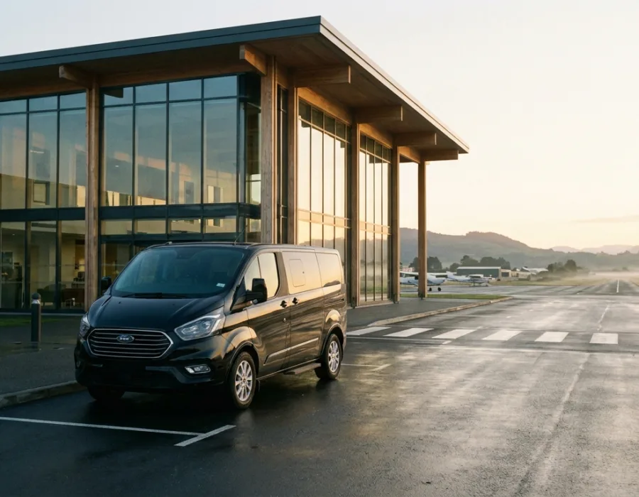 Van noir devant terminal aéroport régional