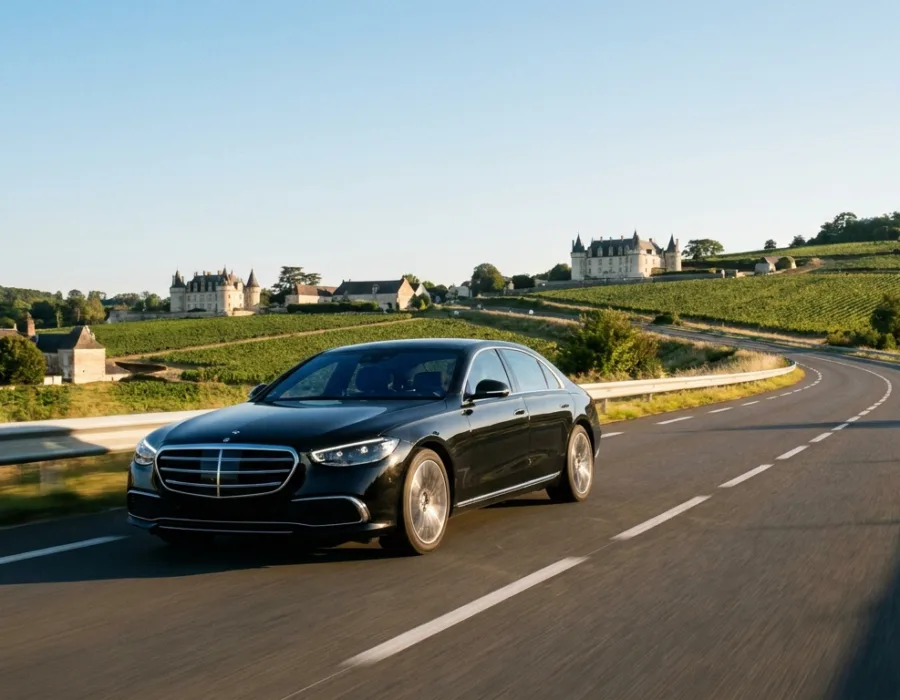 Berline noire sur autoroute paysage ligérien