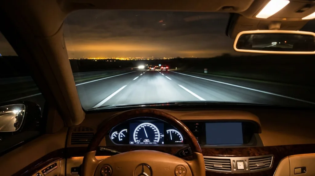 Autoroute la nuit vue depuis l'avant d'une berline