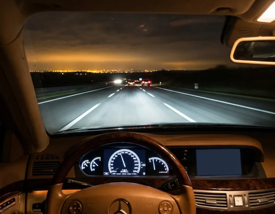 Autoroute la nuit vue depuis l'avant d'une berline