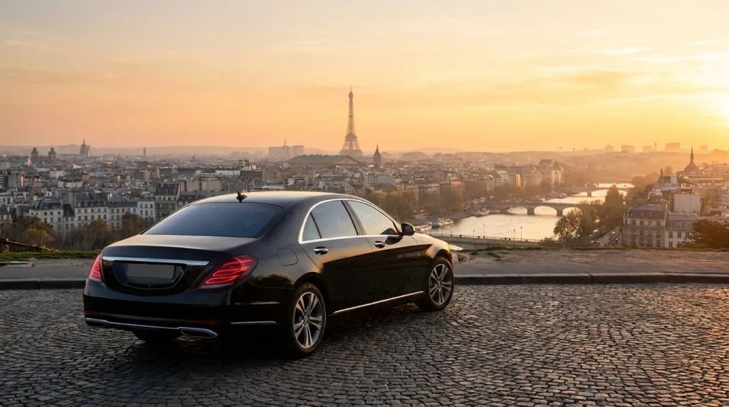 Berline noire devant skyline parisienne au crépuscule