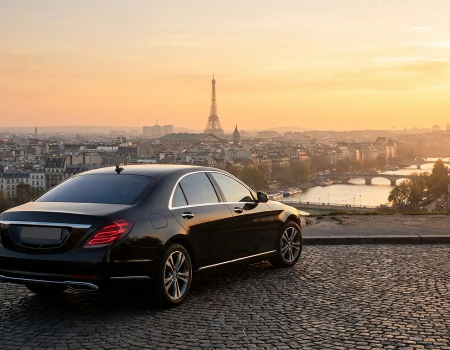 Berline noire devant skyline parisienne au crépuscule