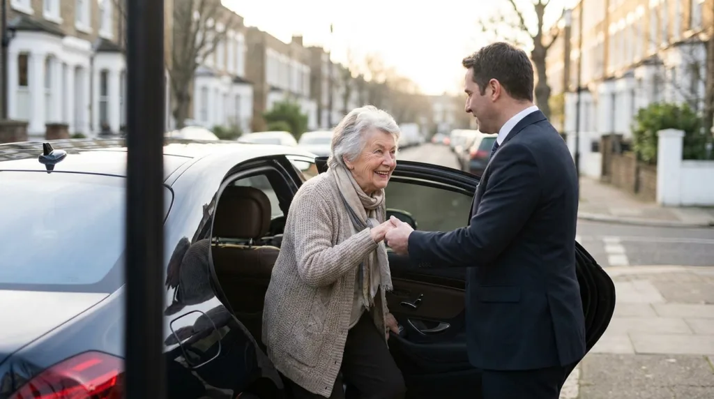 Chauffeur VTC aidant un passager senior à monter dans la voiture au Mans