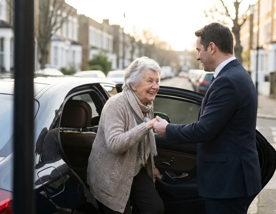 Chauffeur VTC aidant un passager senior à monter dans la voiture au Mans