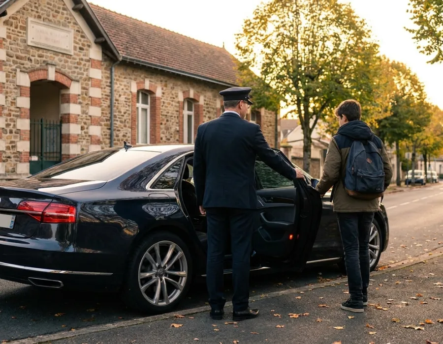 Chauffeur VTC ouvrant la portière à un adolescent devant une école au Mans