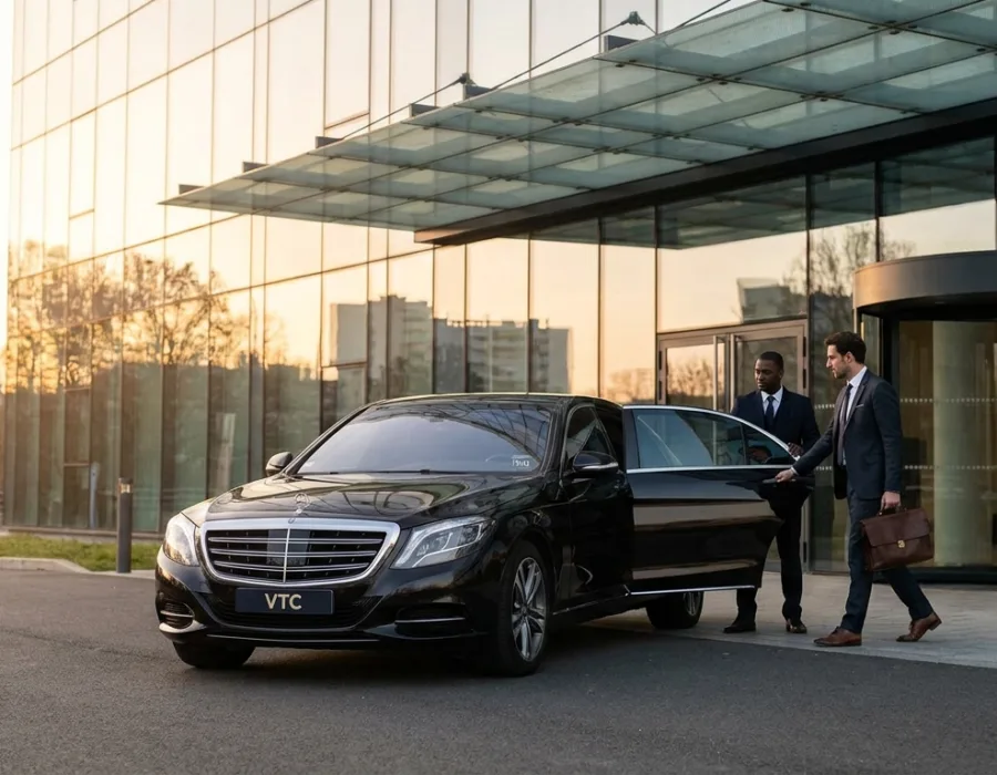 Chauffeur VTC ouvrant la portière à un dirigeant devant un immeuble de bureaux au Mans