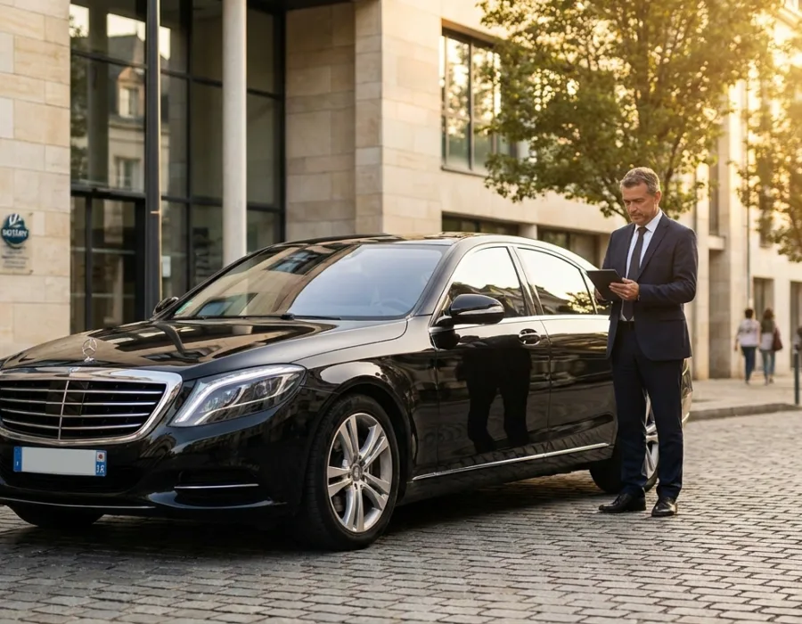 Berline VTC noire devant un office notarial du Mans avec chauffeur professionnel
