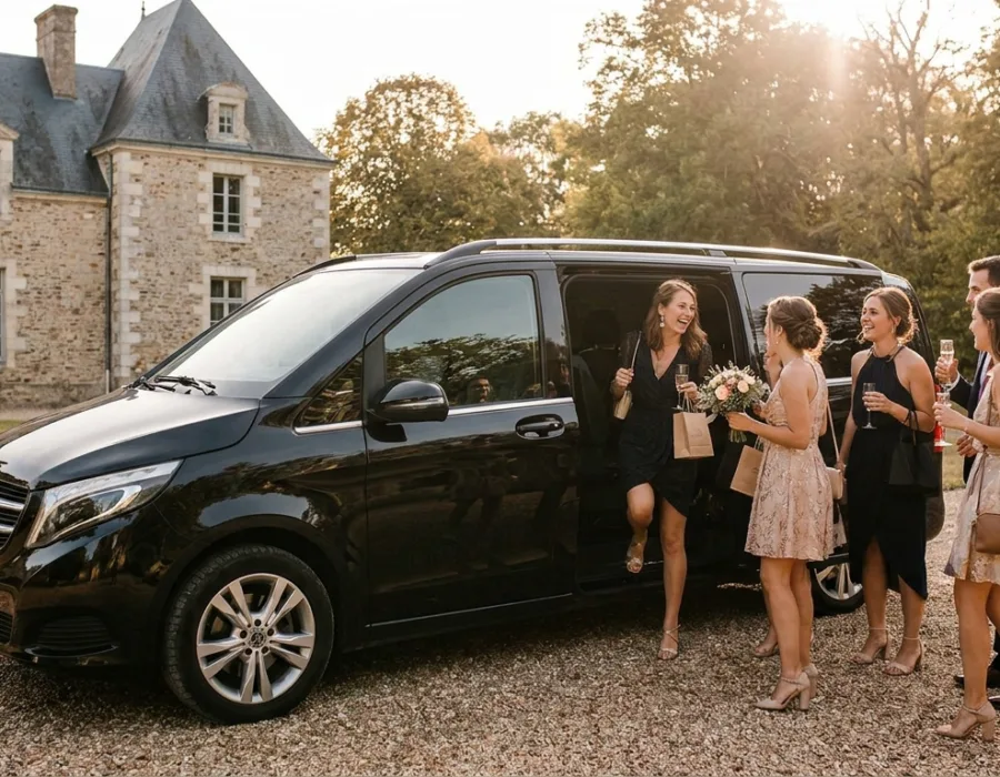 Van VTC noir devant un château de la Sarthe pour un EVG EVJF
