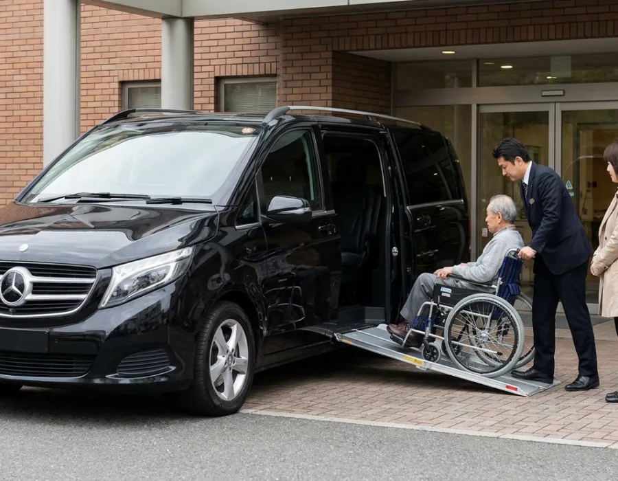 VTC accessible PMR au Mans avec chauffeur aidant un passager senior