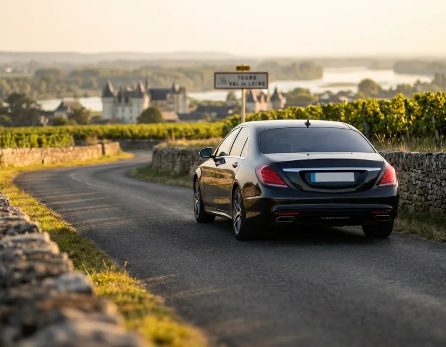 Berline VTC sur la route entre Le Mans et l'aéroport de Tours Val de Loire