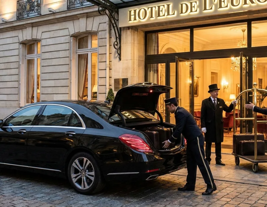 Berline VTC noire devant un hôtel haut de gamme du Mans avec chauffeur