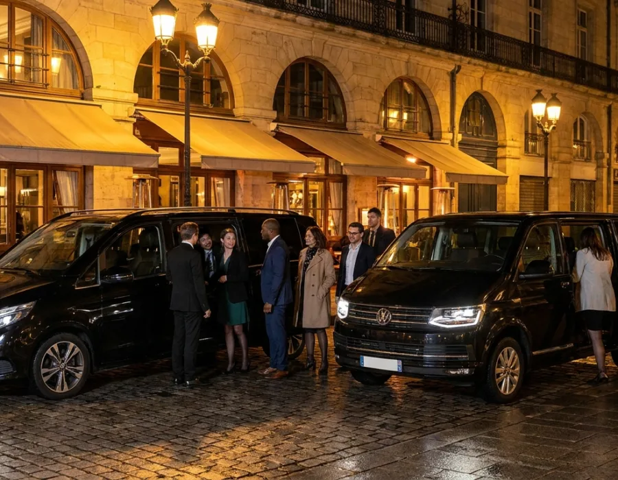 Vans VTC noirs devant un restaurant pour une soirée d'entreprise au Mans