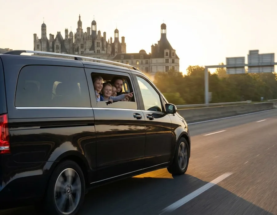 Van VTC noir sur la route vers Disneyland Paris avec une famille à bord