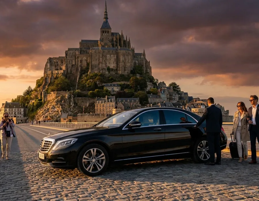 Berline VTC noire devant le Mont Saint-Michel au coucher du soleil