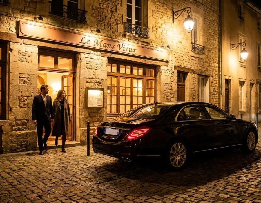 Berline VTC noire devant un restaurant gastronomique du Mans la nuit