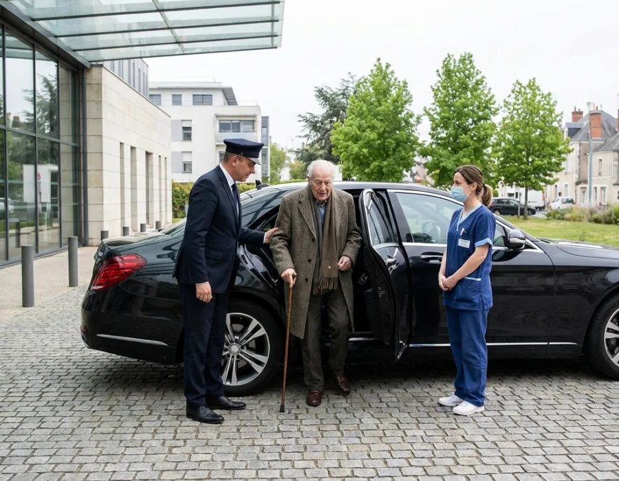 Berline VTC noire devant un hôpital du Mans avec aide à un patient