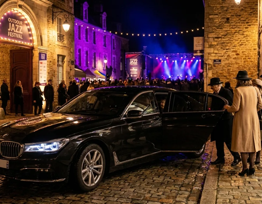 Berline VTC noire devant un lieu de concert jazz au Mans la nuit