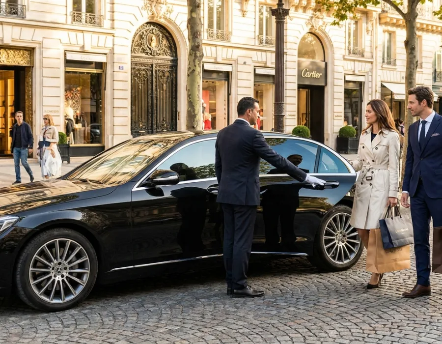 Berline VTC noire devant une rue commerçante parisienne avec sacs shopping