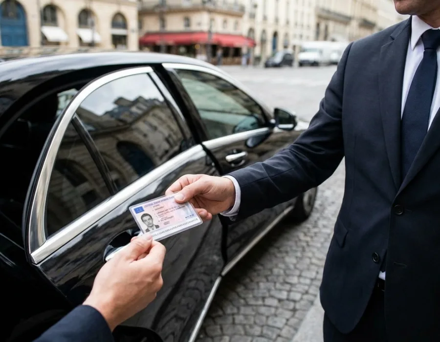 Chauffeur VTC professionnel présentant sa carte professionnelle à un passager