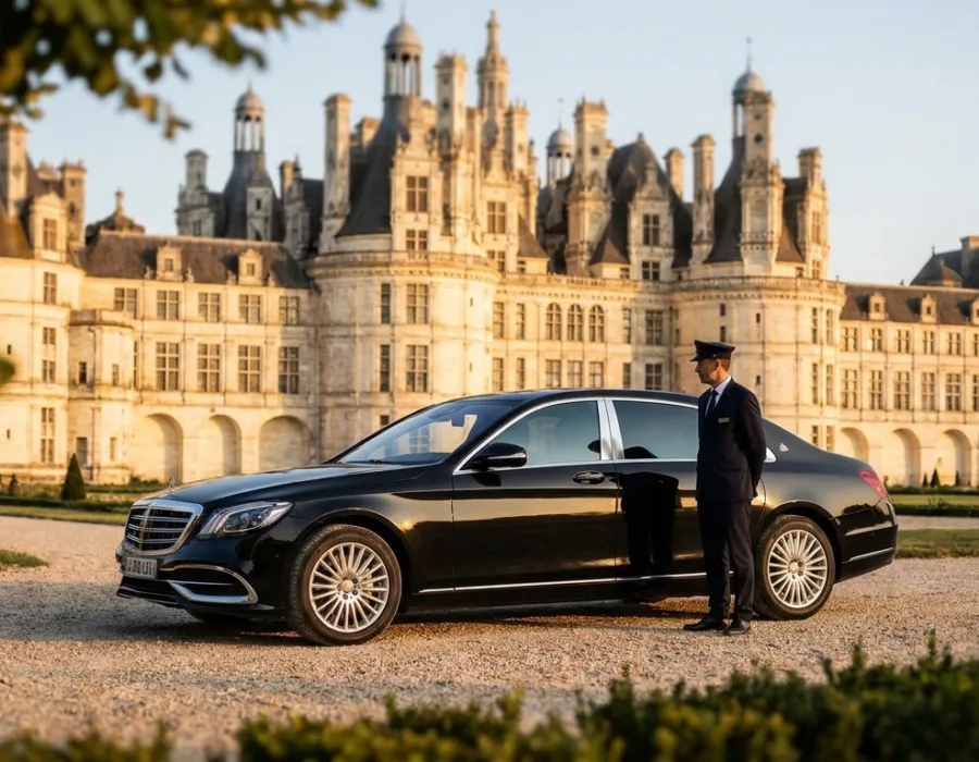 Berline VTC noire devant le Château de Chambord en vallée de la Loire